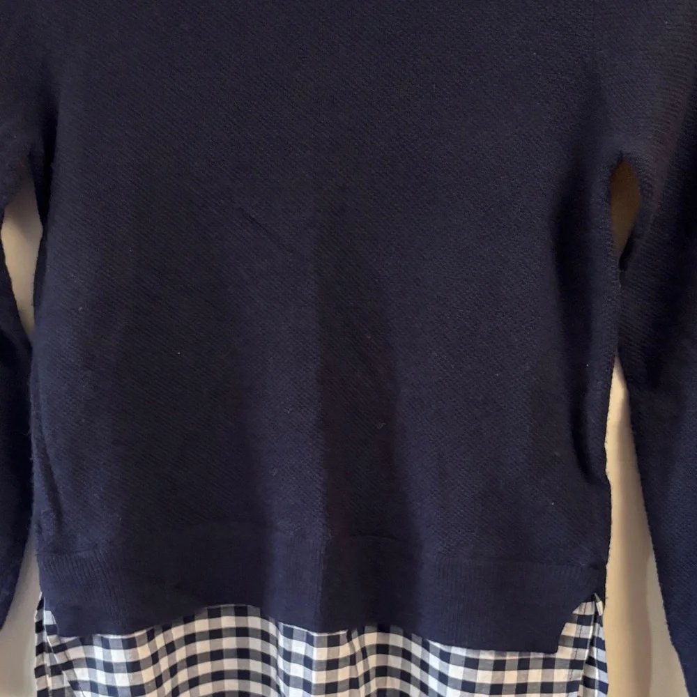 Crewcuts Navy Sweater with Checkered Hem girls sz 12 merino wool blend